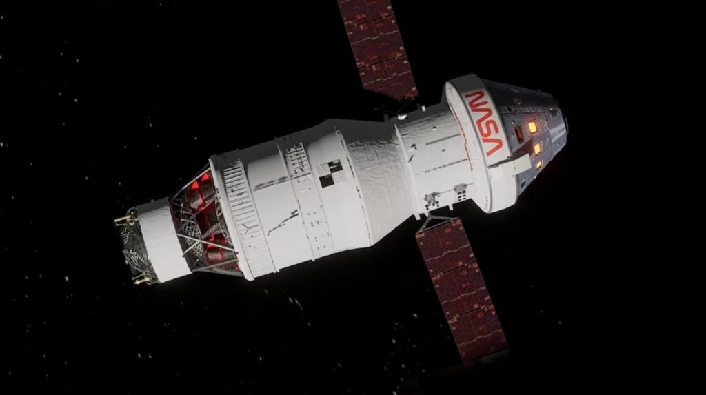 La nave Orion de la misión Artemis II en el espacio, orbitando la Tierra antes de su viaje lunar.