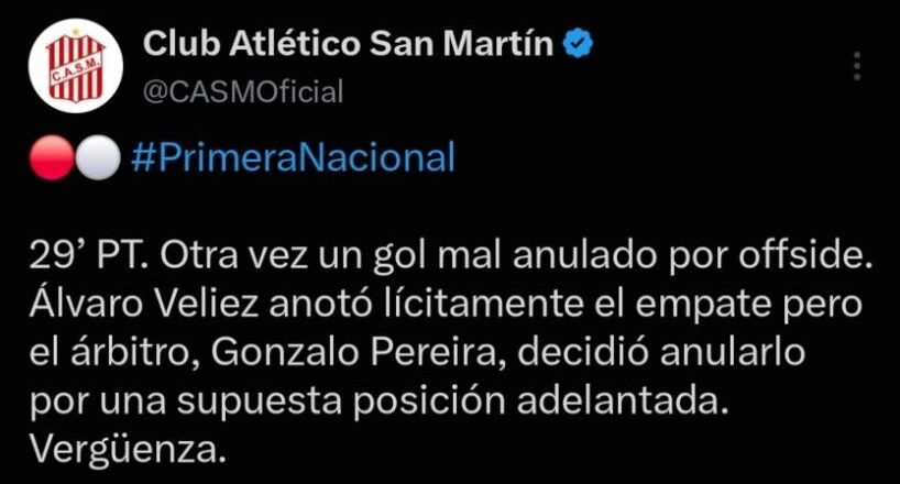 “Vergüenza”: el mensaje que borró San Martín de Tucumán tras el gol anulado ante Chacarita